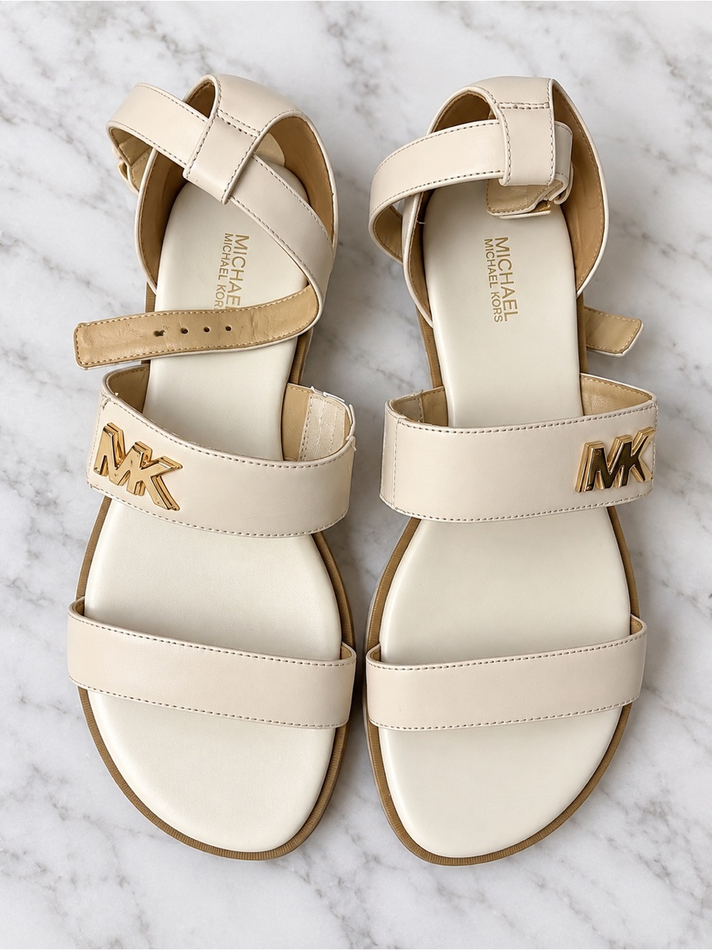 Michael Kors Cream Leather Logo Strap Sandals with Gold MK Hardware